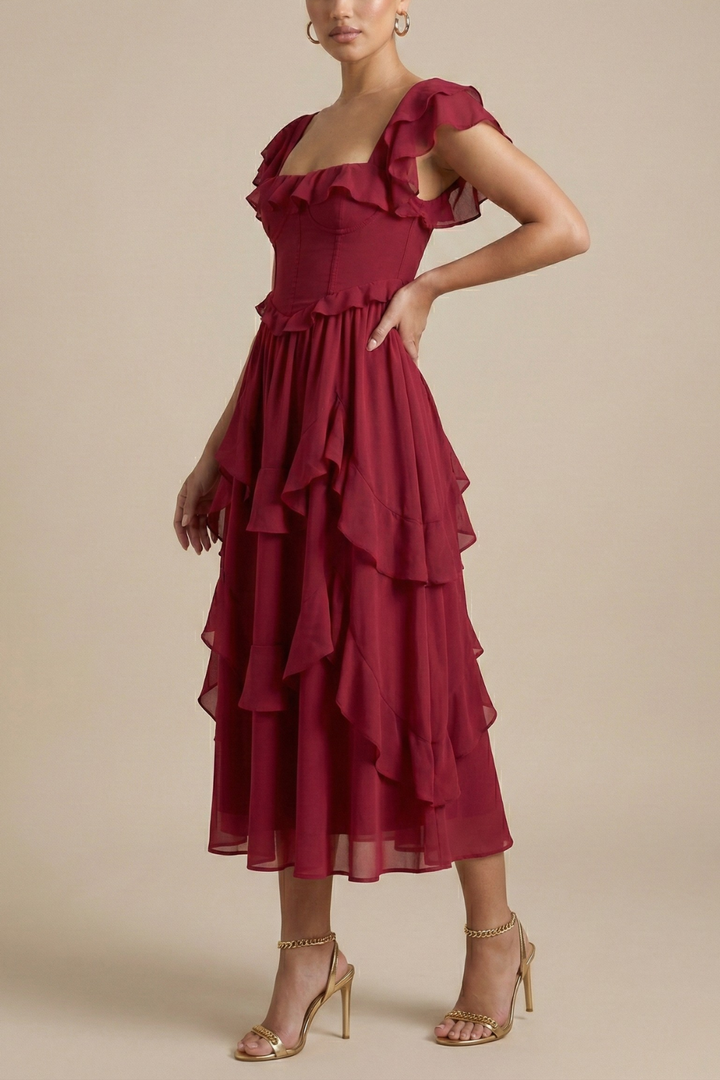 Women’s Layered Ruffle Midi Dress with Flutter Sleeves