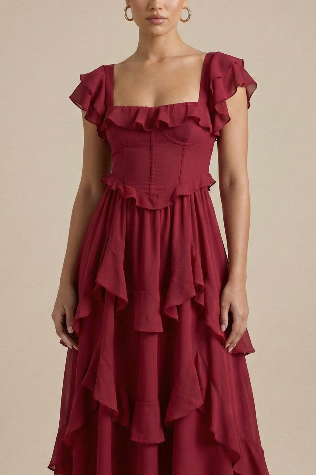 Women’s Layered Ruffle Midi Dress with Flutter Sleeves
