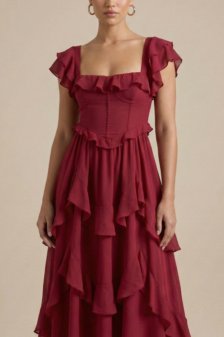 Women’s Layered Ruffle Midi Dress with Flutter Sleeves