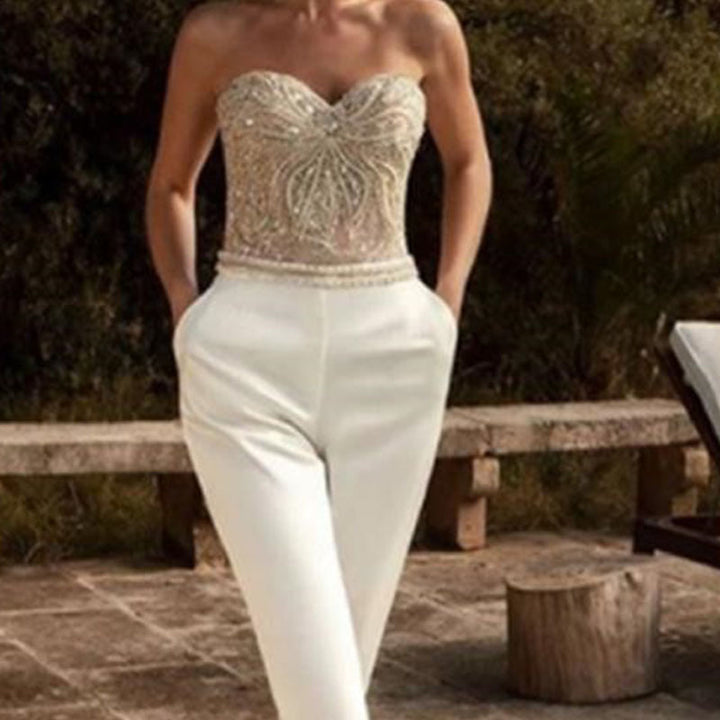 Women's Dressy Jumpsuit - Strapless - Sequin Embellished Bodice - Straight Leg
