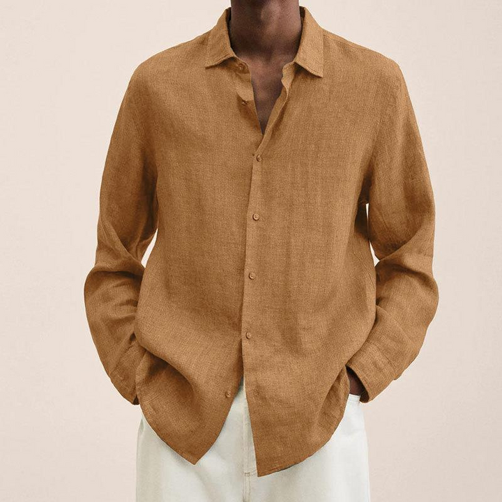 Men's Long Sleeve Linen Button Down Shirt - Spread Collar
