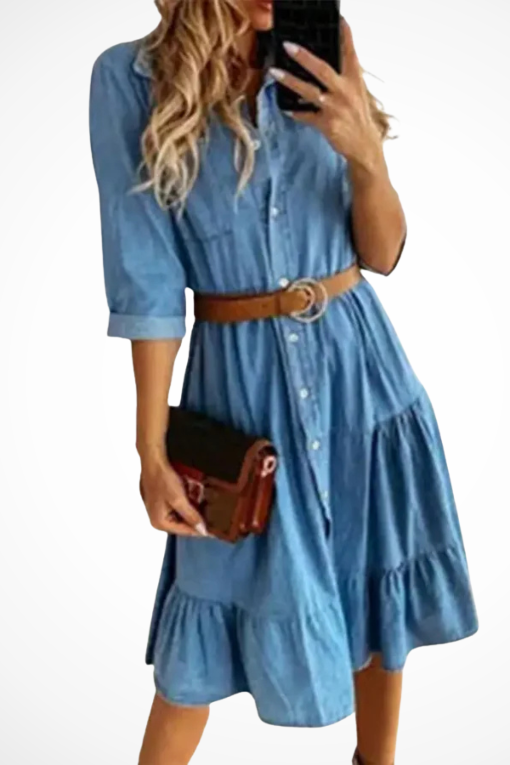 Denim Tiered Midi Shirt Dress with Belt – Casual Everyday