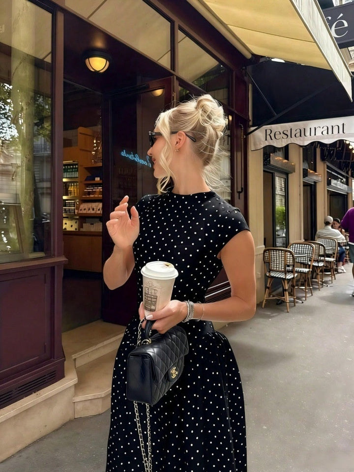 Women's Polka Dot Maxi Dress - High Neck Cap Sleeve