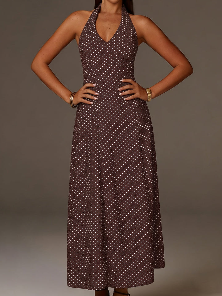 Women's Coffee Polka Dot Maxi Dress - Halter Neck Deep V Smocked Bodice