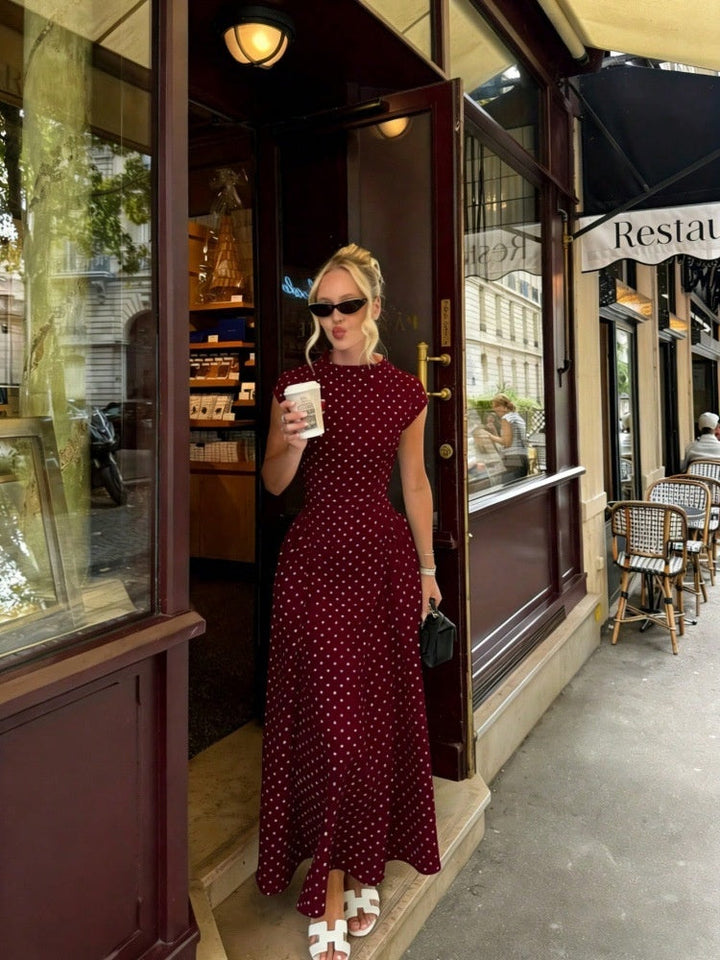 Women's Polka Dot Maxi Dress - High Neck Cap Sleeve