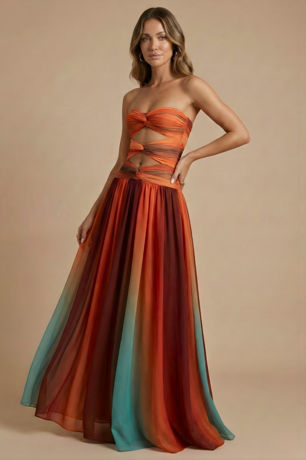 Women’s Cut-Out Bandeau Maxi Dress with High Slit and Sheer Overlay