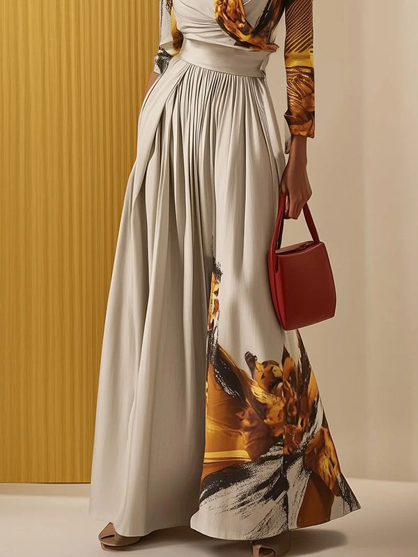 Women's Elegant Abstract Print Deep V-Neck Long Sleeve Wrap Bodice Wide-Leg Jumpsuit for Evening Occasions