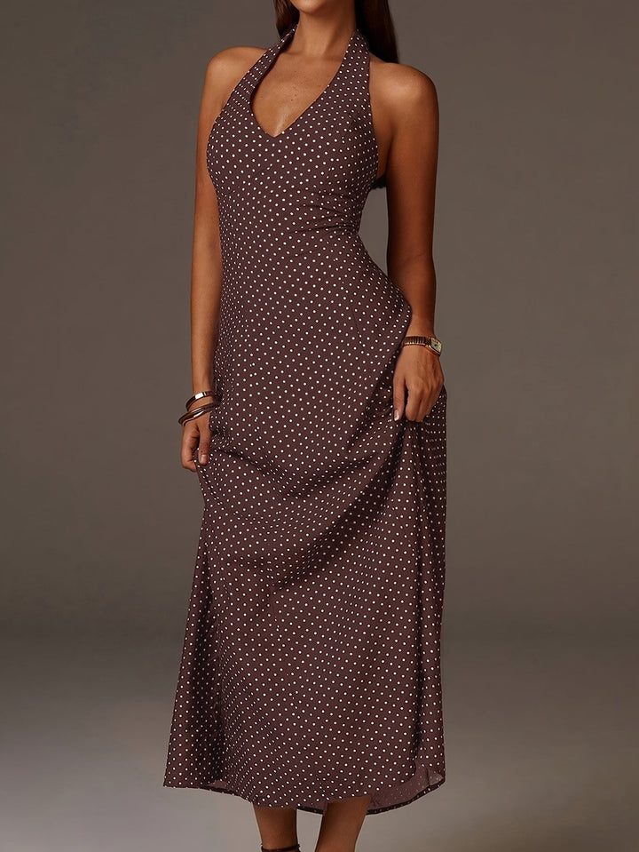 Women's Coffee Polka Dot Maxi Dress - Halter Neck Deep V Smocked Bodice