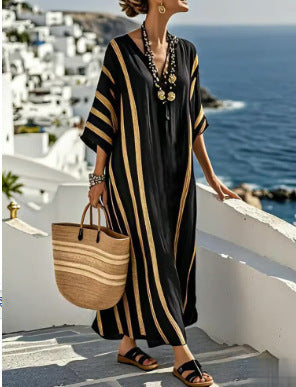 Women's Boho Maxi Dress - V-Neck Wide Sleeve Kaftan with Stripe Trim