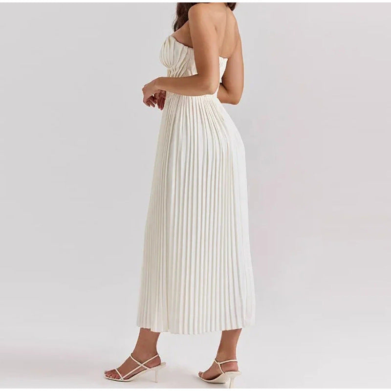 Women's Strapless Flowy Pleated Midi Dress - Sweetheart Corset Bodice