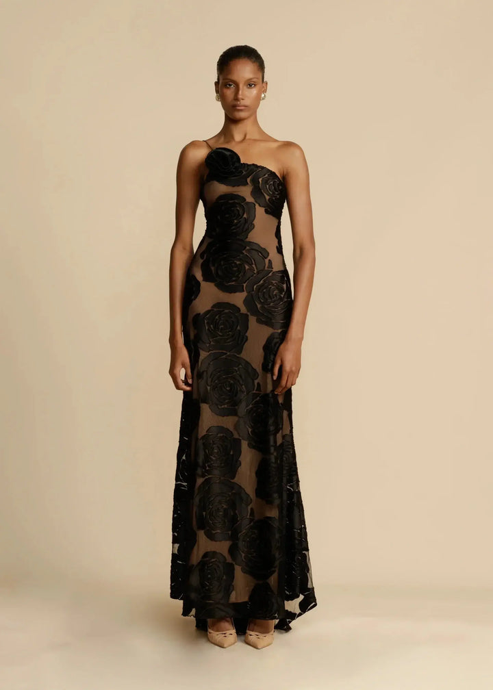 Women's Elegant One-Shoulder Maxi Dress - Floor-Length Fitted Formal Dress with Sheer Rose Detail