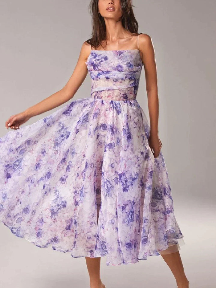 Women’s Floral Print Strapless Midi Dress with Full Skirt
