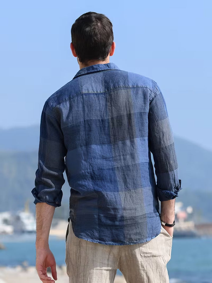 Men's Navy Blue Long-Sleeve Popover Shirt - Check Print Collar