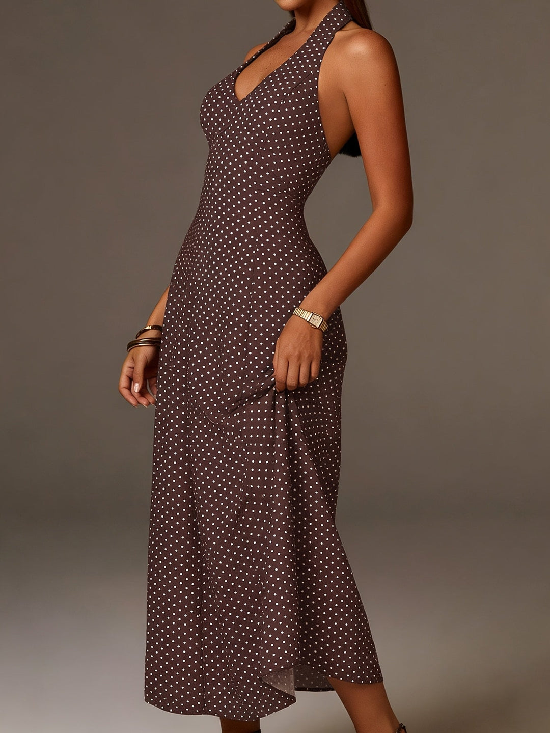 Women's Coffee Polka Dot Maxi Dress - Halter Neck Deep V Smocked Bodice