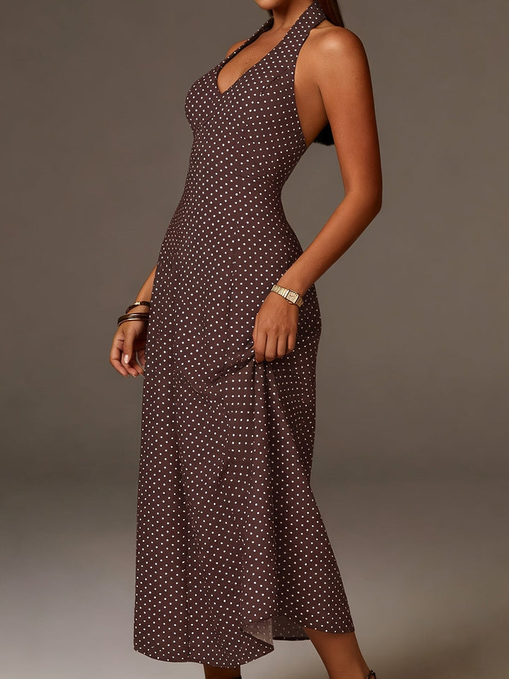 Women's Coffee Polka Dot Maxi Dress - Halter Neck Deep V Smocked Bodice