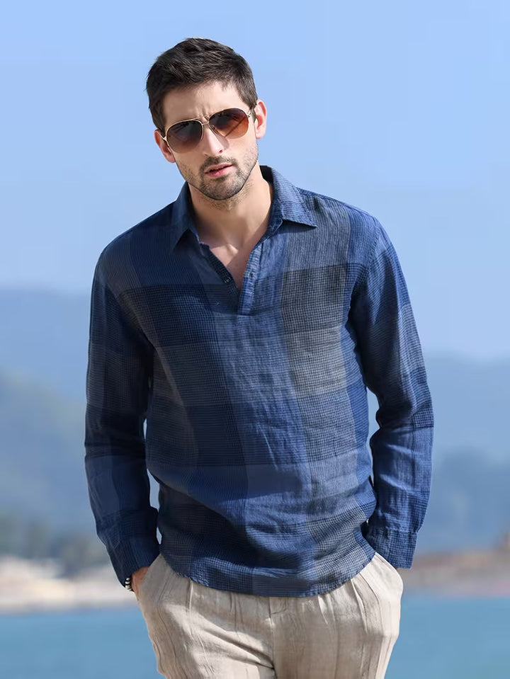 Men's Navy Blue Long-Sleeve Popover Shirt - Check Print Collar