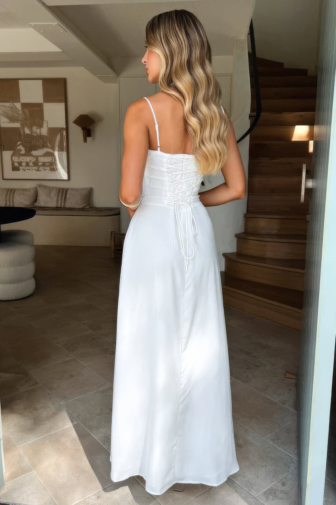 Women's Maxi Dress - Spaghetti Strap - Sweetheart Neck - Corset Bodice - Tie Front Detail