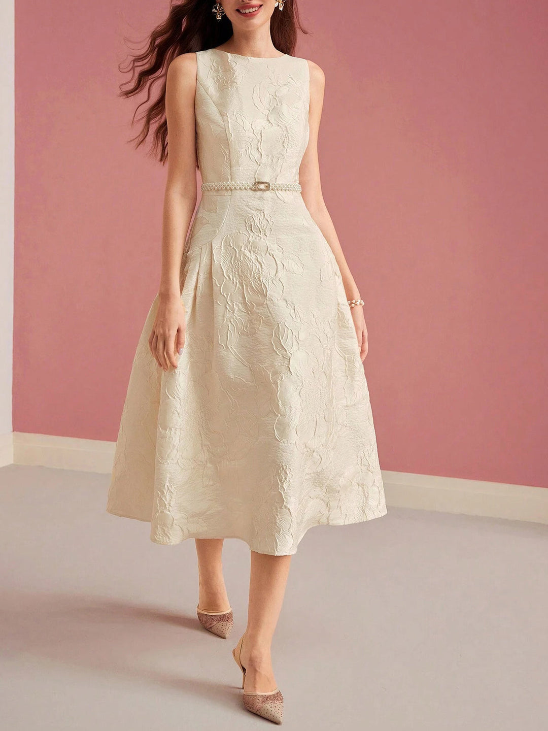 Women's Jacquard Floral A-Line Midi Dress - Boat Neck