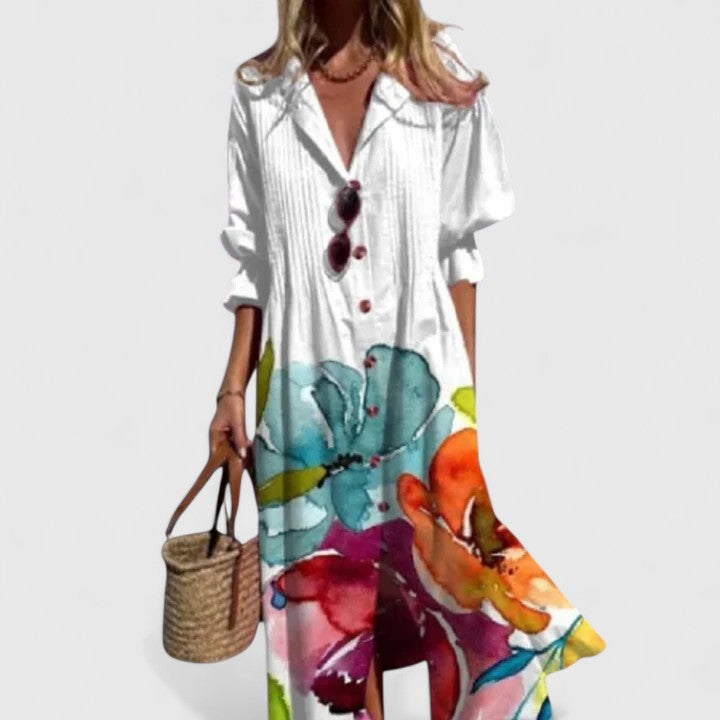 Sophie | Women’s Casual Floral Midi Summer Dress with Button Front