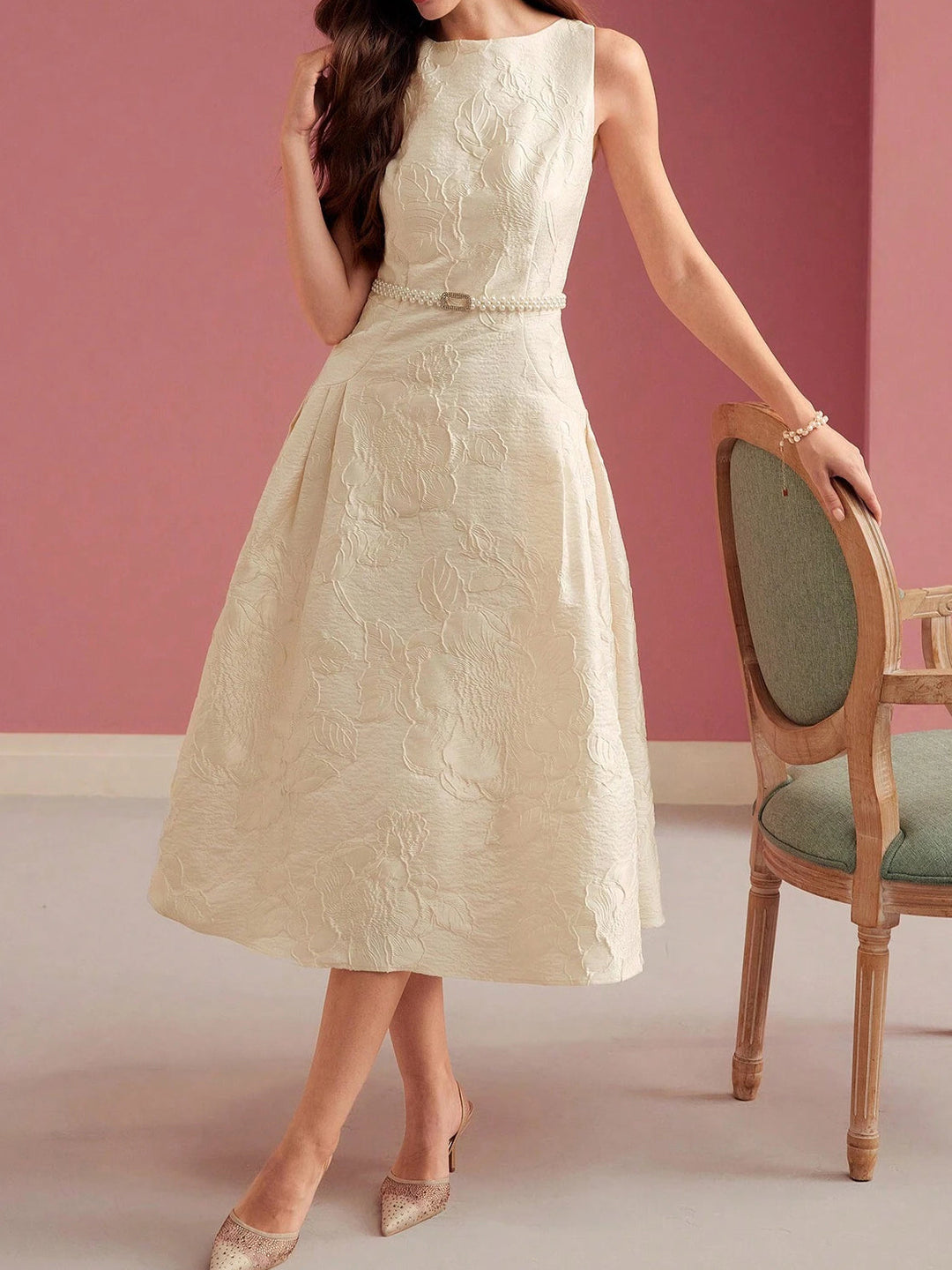 Women's Jacquard Floral A-Line Midi Dress - Boat Neck