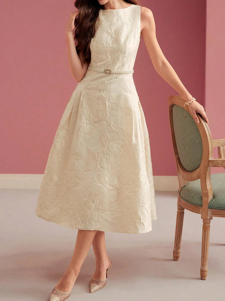 Women's Jacquard Floral A-Line Midi Dress - Boat Neck