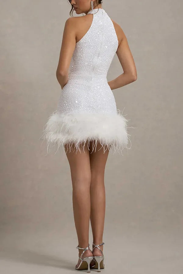 Women's Beaded Halter Mini Dress - Feather Trim Hem - Sleeveless