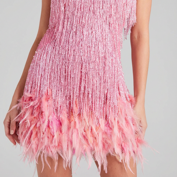 Aimee | Women’s Sequin Mini Party Dress with Feather Accents
