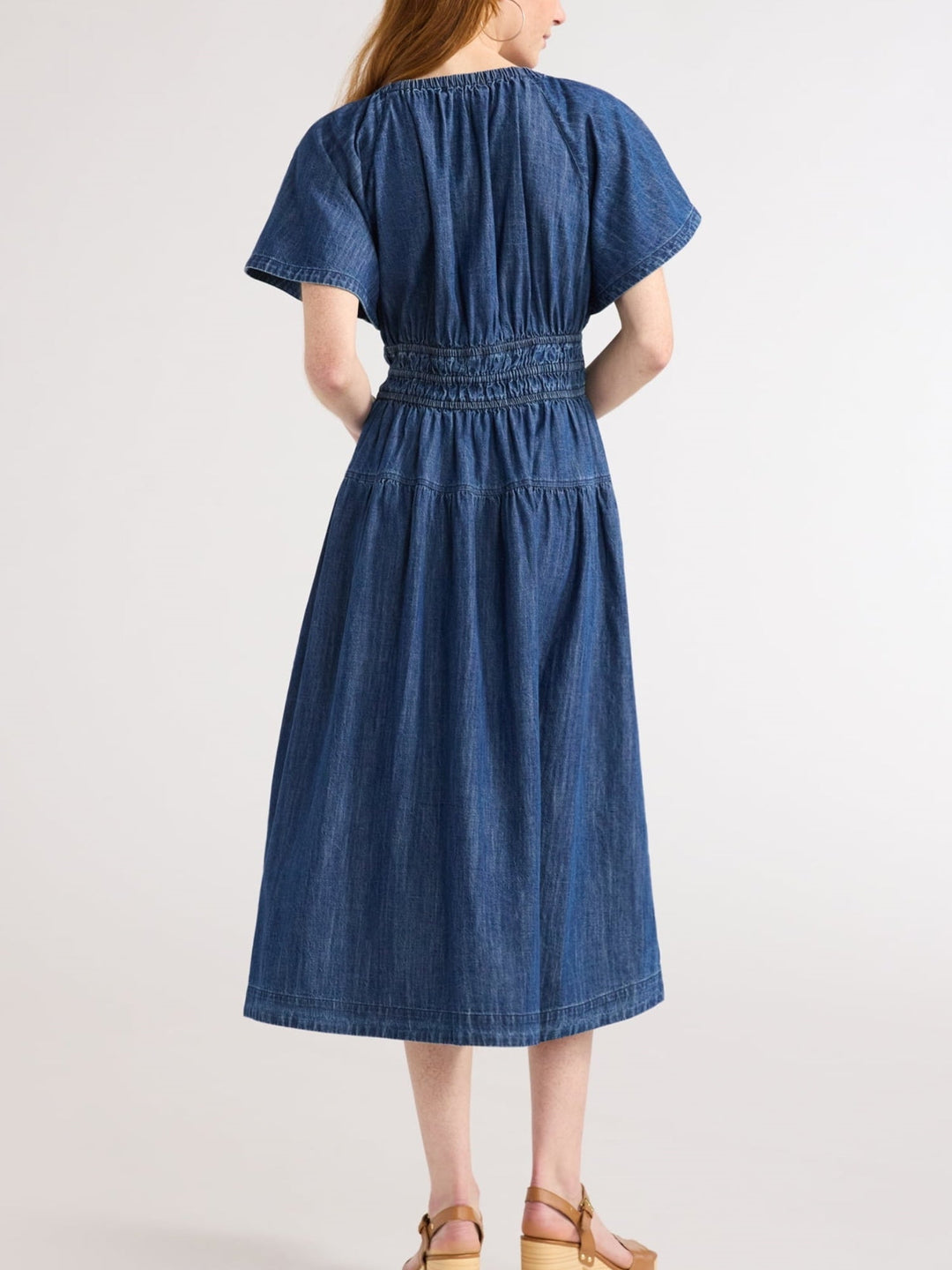 Denim Tiered Midi Dress with Pockets – Casual
