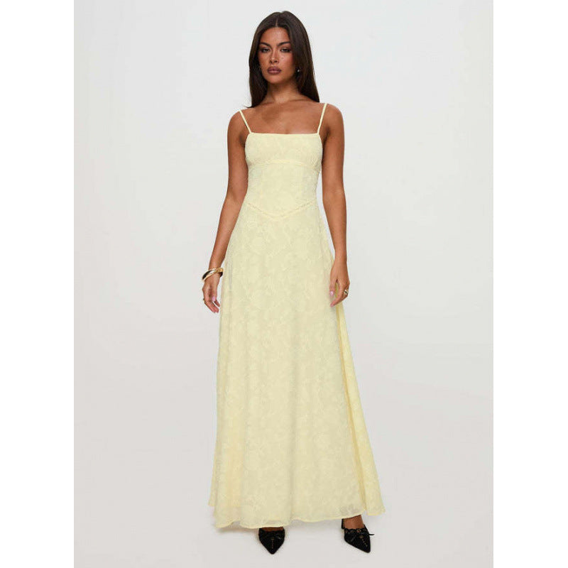 Women's Jacquard Floral Maxi Dress - Spaghetti Strap - Lace-Up Back