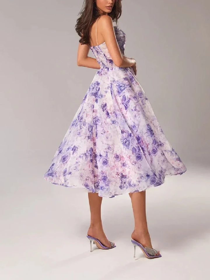 Women’s Floral Print Strapless Midi Dress with Full Skirt