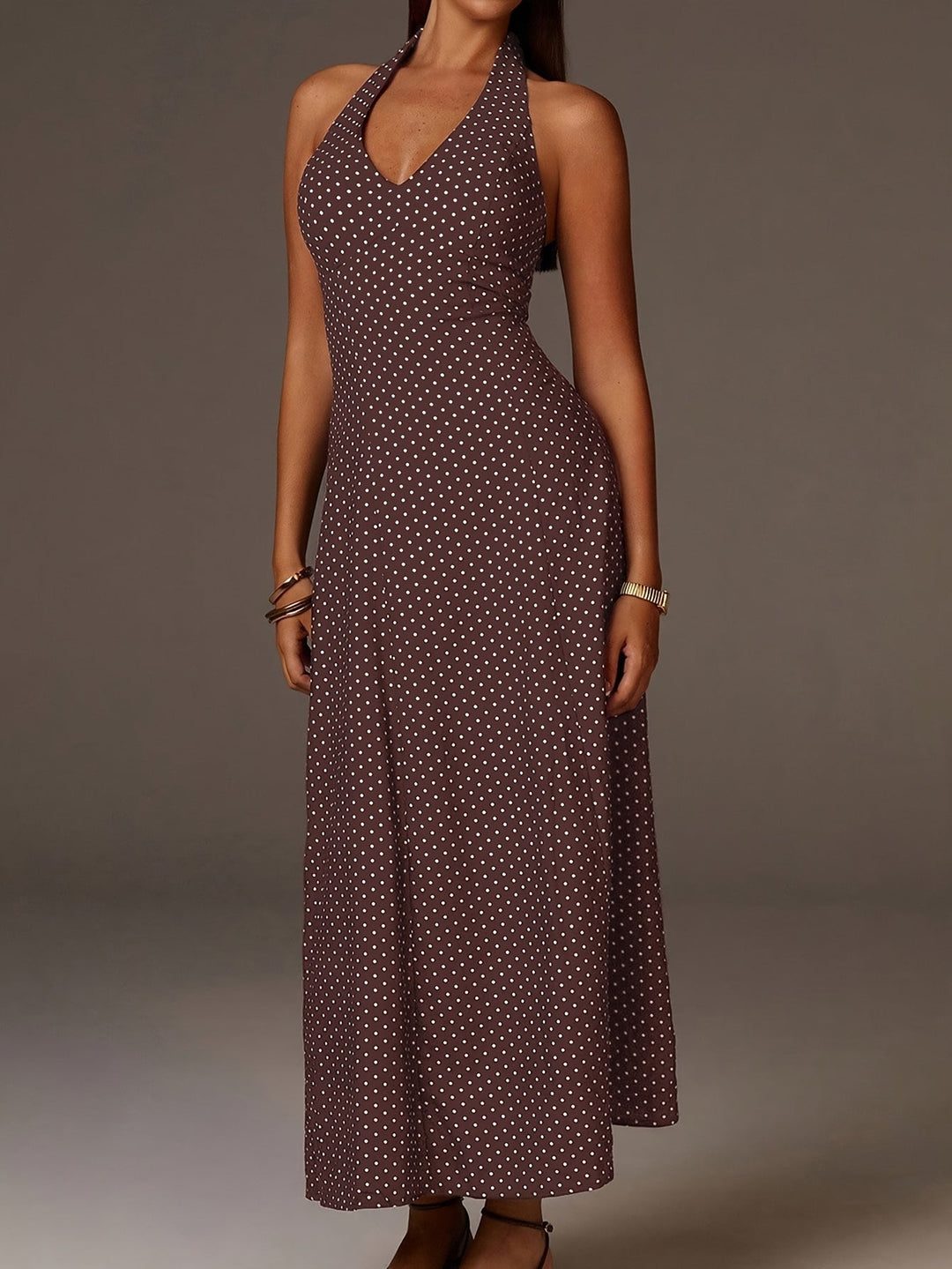 Women's Coffee Polka Dot Maxi Dress - Halter Neck Deep V Smocked Bodice