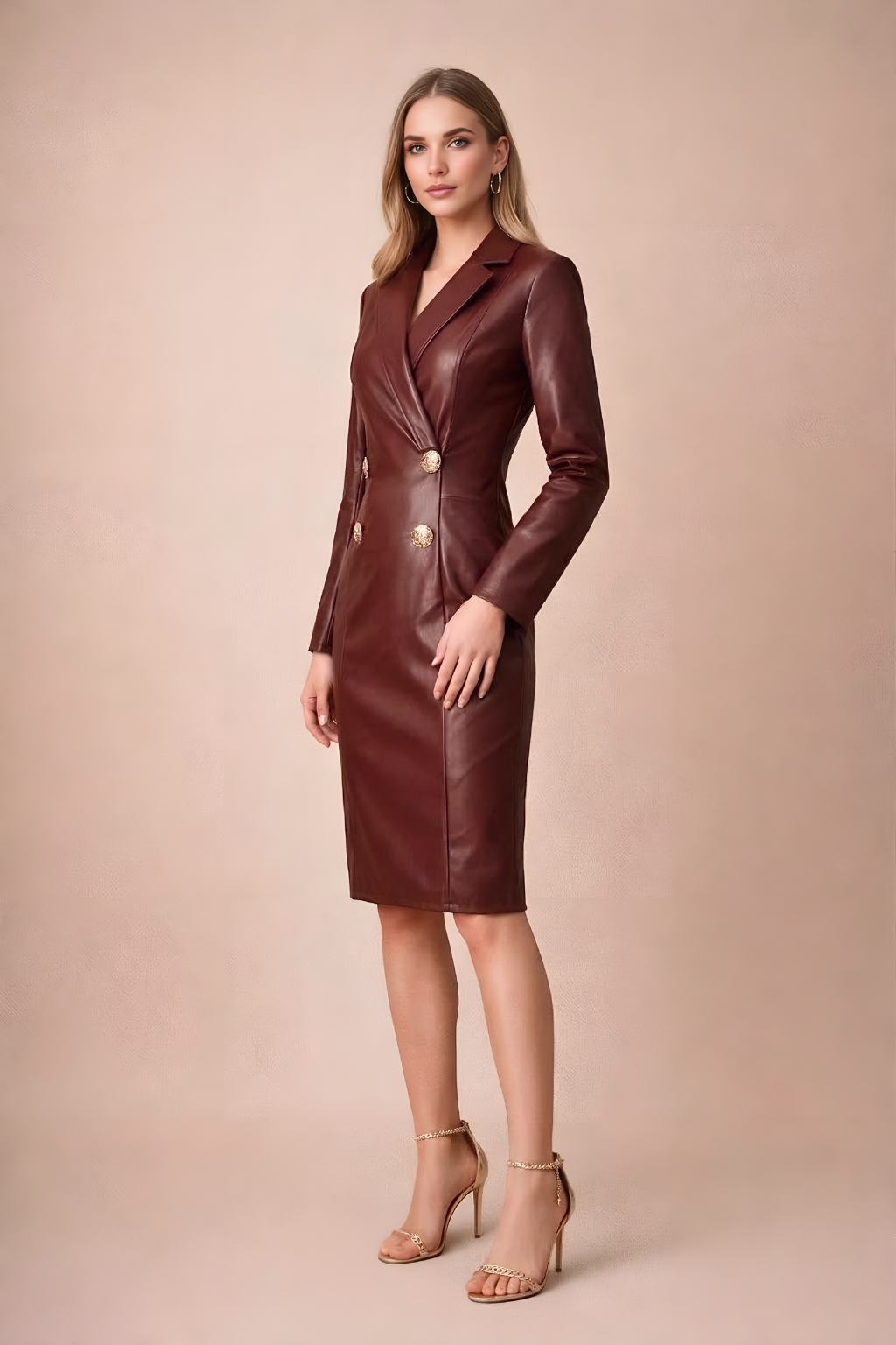 Women's Faux Leather Blazer Dress - Double-Breasted Gold-Tone Midi