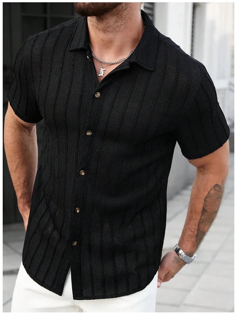 Men's Short Sleeve Striped Shirt - Casual Button Front Cotton Top