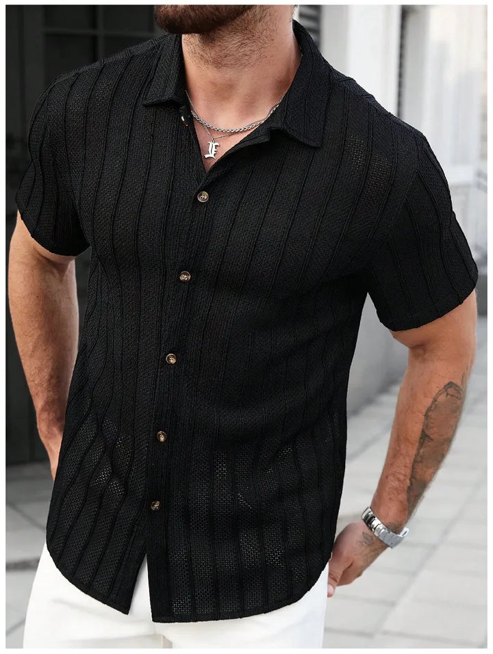 Men's Short Sleeve Striped Shirt - Casual Button Front Cotton Top