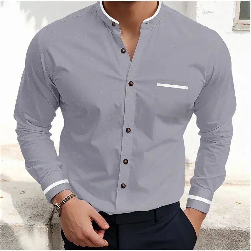 Men's Long-Sleeve Grandad Collar Shirt - Contrast Trim Chest Pocket