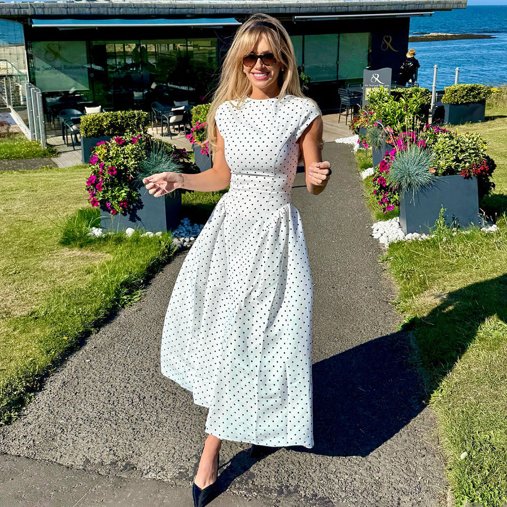 Women's Polka Dot Maxi Dress - High Neck Cap Sleeve