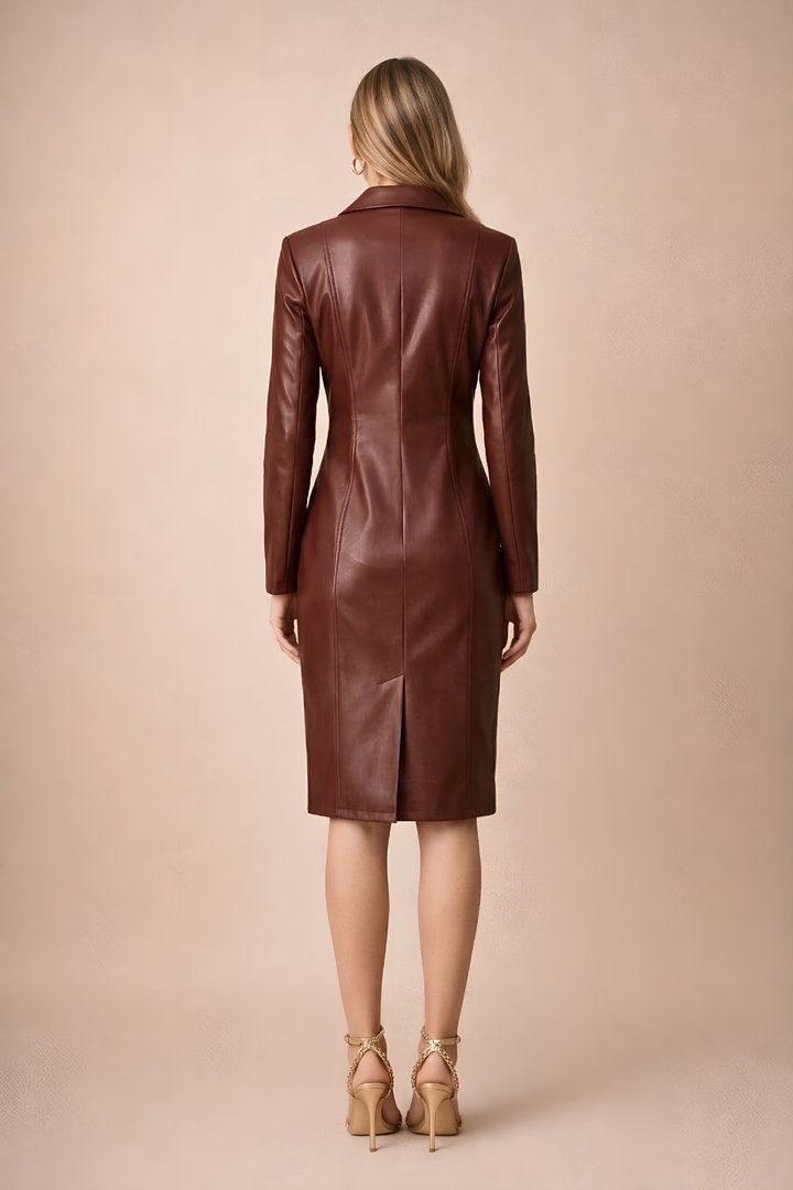 Women's Faux Leather Blazer Dress - Double-Breasted Gold-Tone Midi