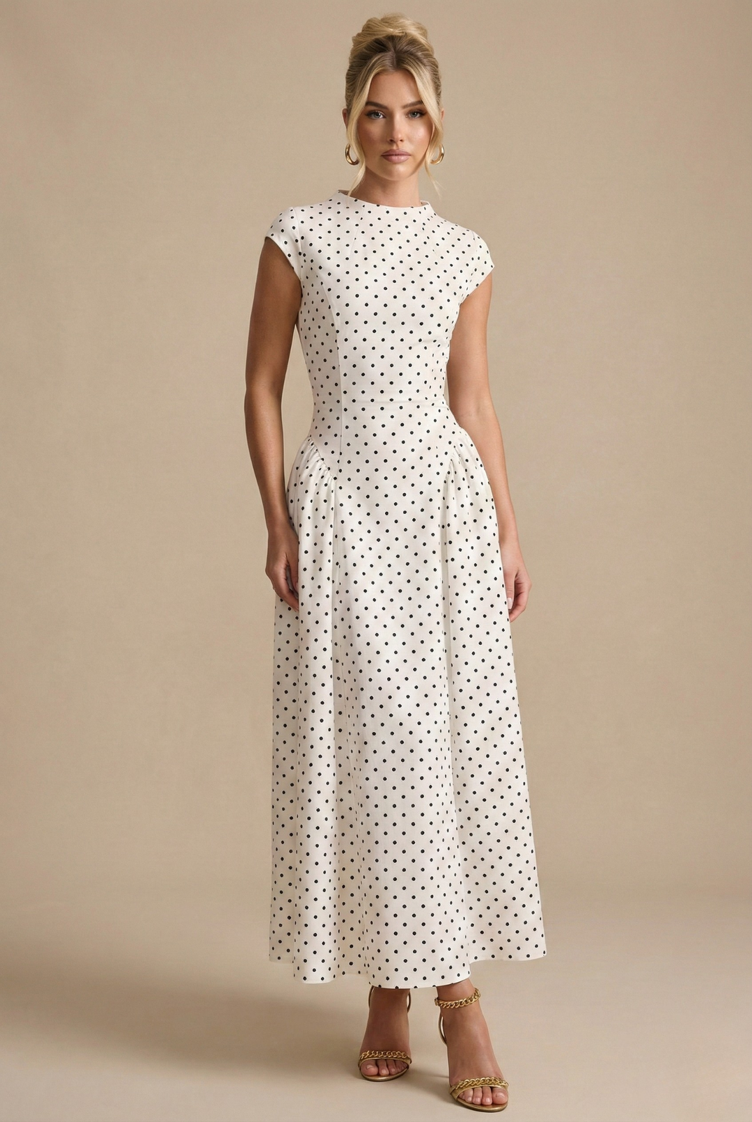 Women's Polka Dot Maxi Dress - High Neck Cap Sleeve - Full Skirt