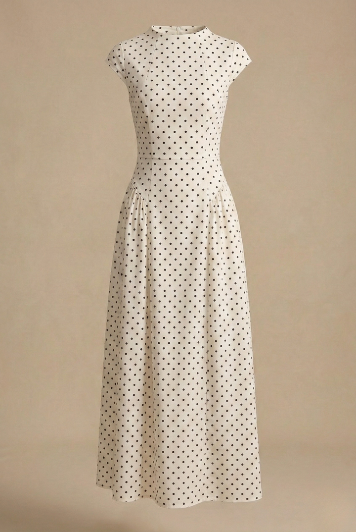 Women's Polka Dot Maxi Dress - High Neck Cap Sleeve - Full Skirt