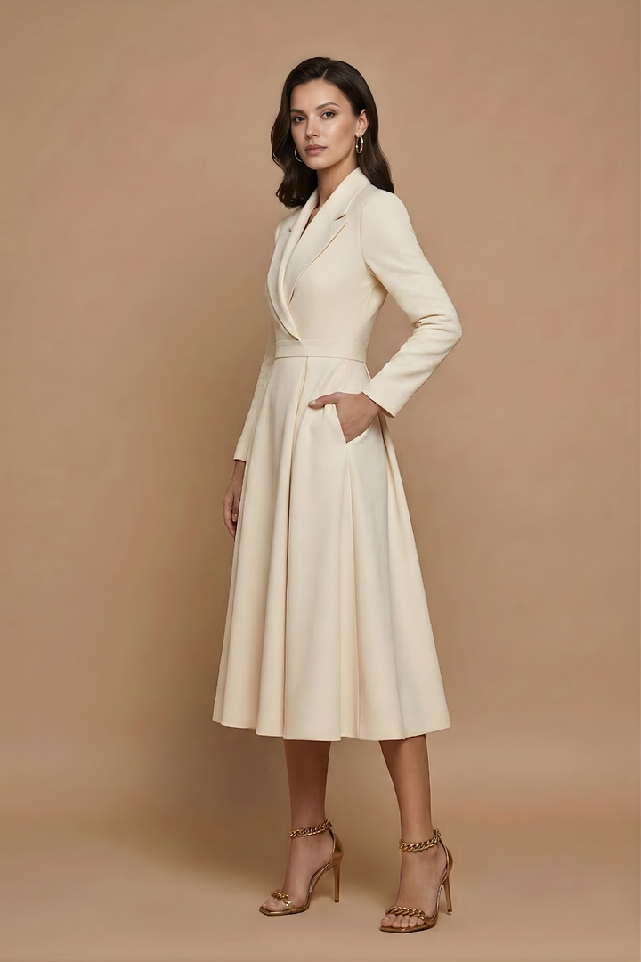 Women's A-Line Midi Dress - Notched Lapel - Pleated Full Skirt