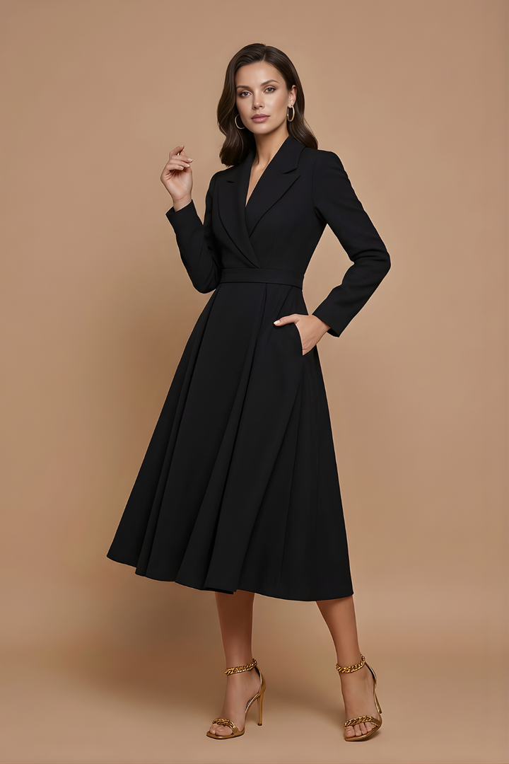 Women's A-Line Midi Dress - Notched Lapel - Pleated Full Skirt