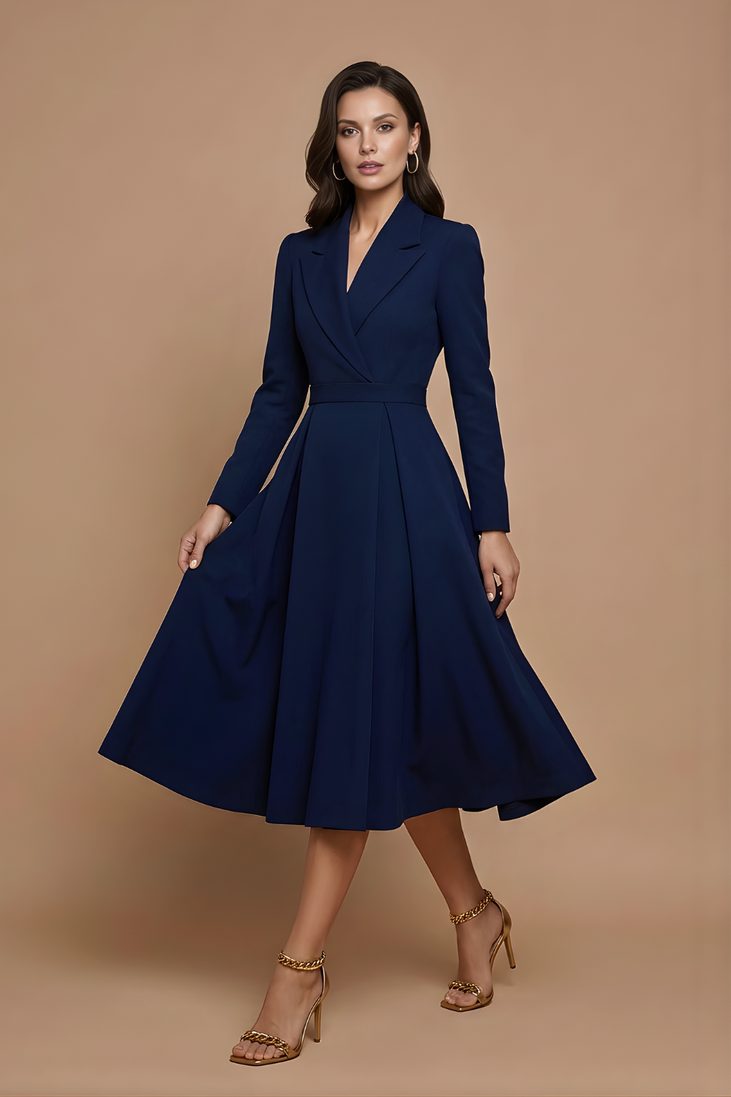 Women's A-Line Midi Dress - Notched Lapel - Pleated Full Skirt
