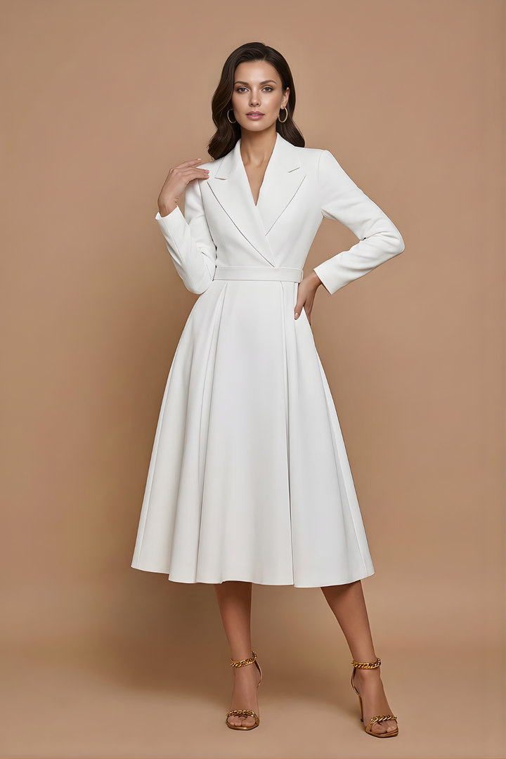 Women's A-Line Midi Dress - Notched Lapel - Pleated Full Skirt