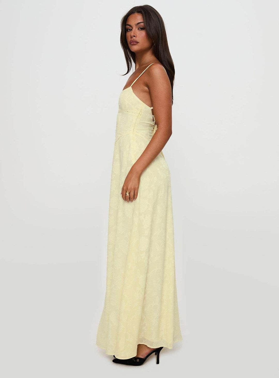 Women's Jacquard Floral Maxi Dress - Spaghetti Strap - Lace-Up Back