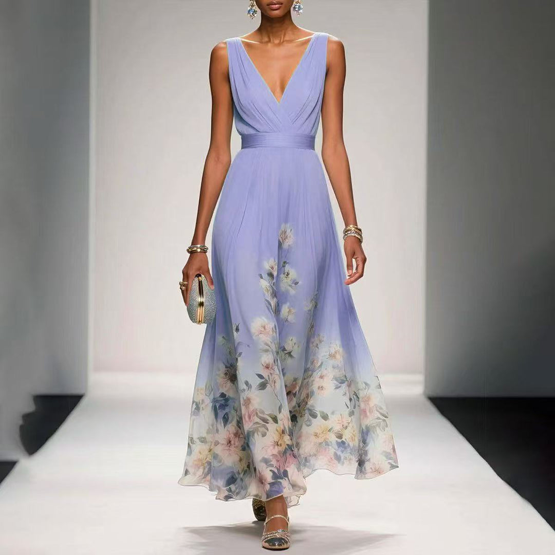 Women's Floral Border Print Sleeveless Maxi Dress - V-Neck