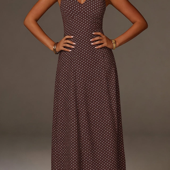 Women's Coffee Polka Dot Maxi Dress - Halter Neck Deep V Smocked Bodice