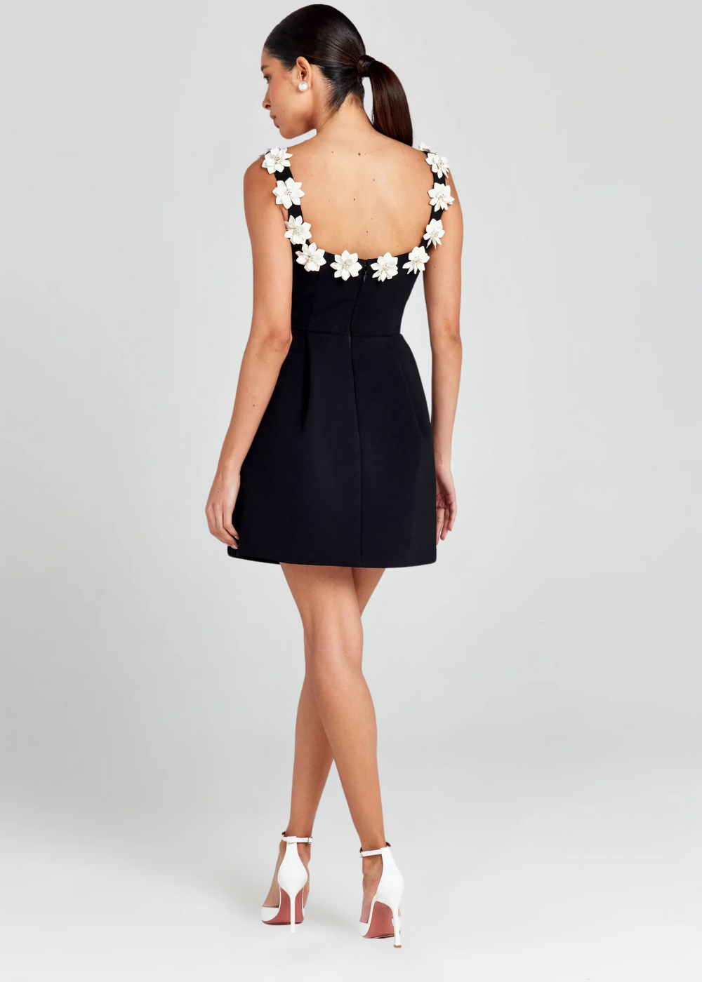 Women’s Floral Appliqué Strap Mini Dress with Flared Skirt