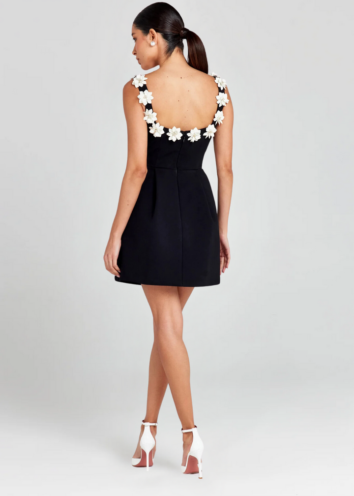 Women’s Floral Appliqué Strap Mini Dress with Flared Skirt