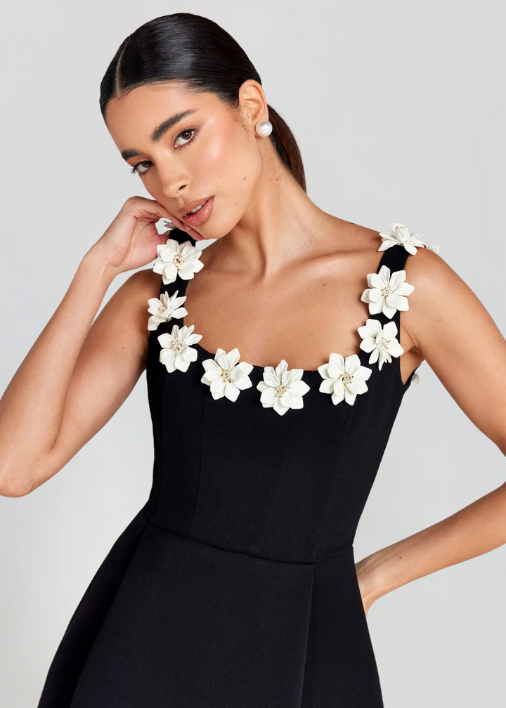 Women’s Floral Appliqué Strap Mini Dress with Flared Skirt