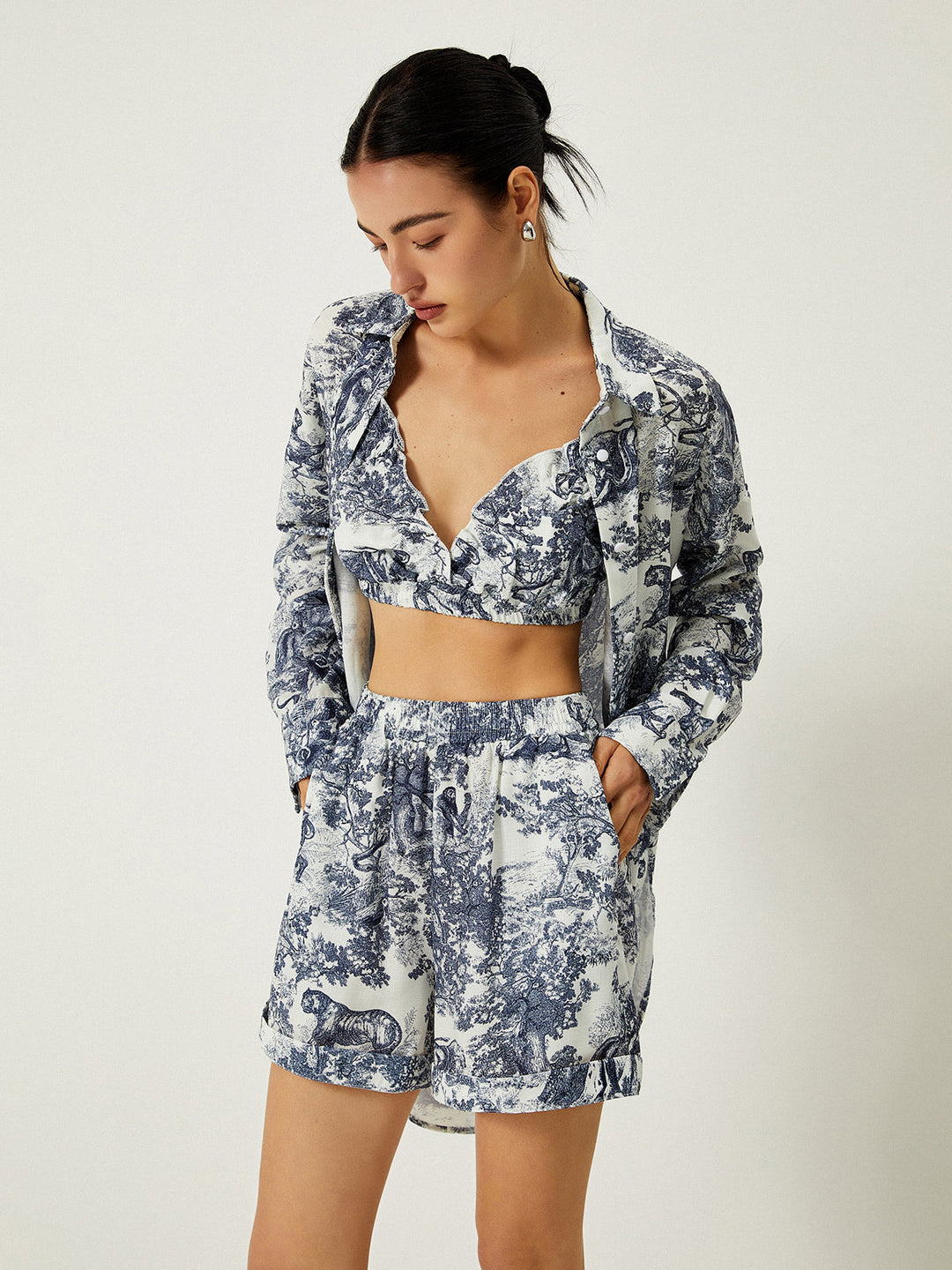 Women’s Three Piece Floral Print Shorts Set with Crop Top and Long Sleeve Shirt